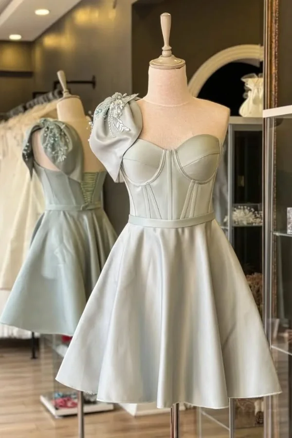 Fashion Bow One Shoulder White Sweetheart Neck Short Graduation Homecoming Dress Birthday Outfits Y9818