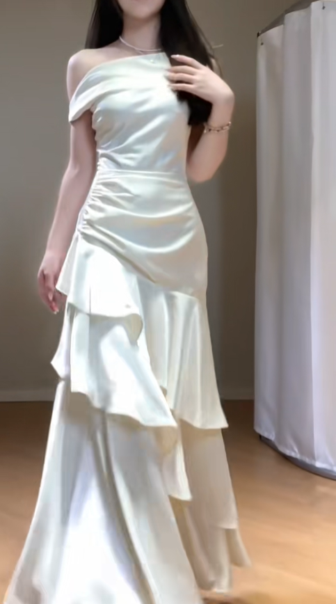 Elegant Off The Shoulder White Satin Ruffles Mermaid Party Dress Long Wedding Guest Dress SP422