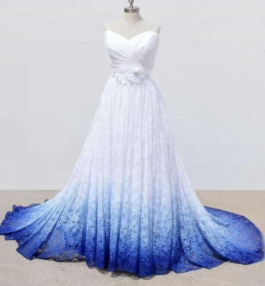 White and Purple Sweetheart Lace Prom Dress, Ombre Prom Dresses with Flowers S10868