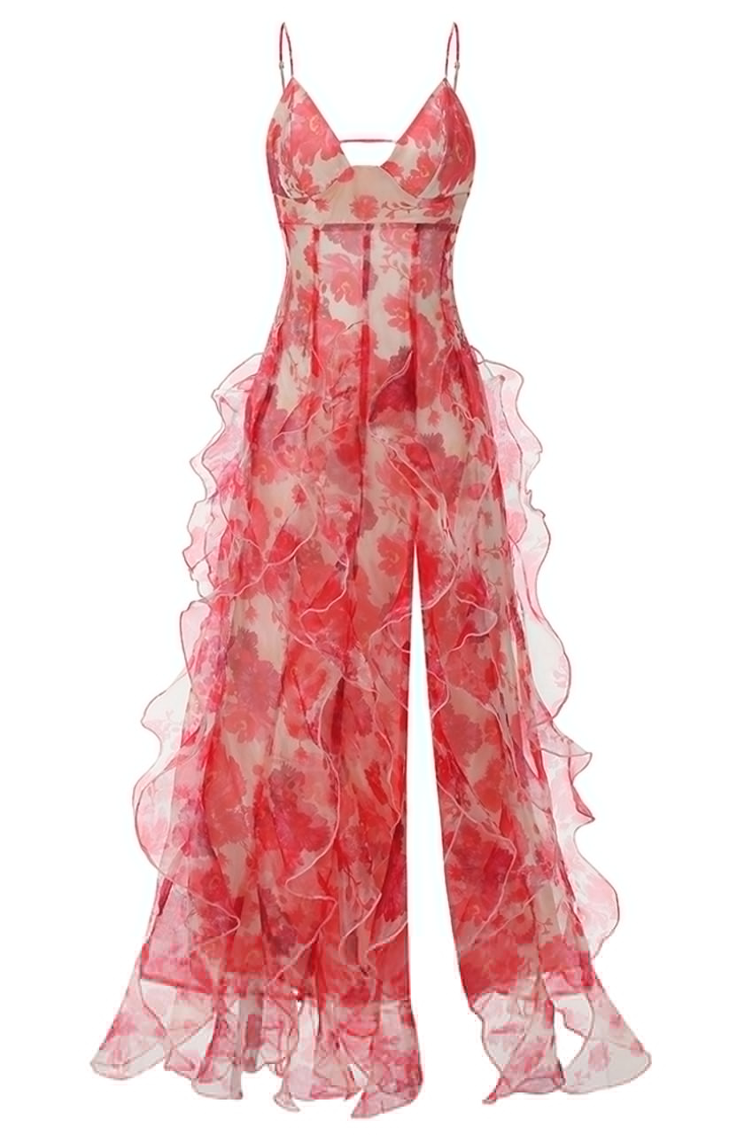 Sexy Floral Ruffle Long Party Dress Red Backless Evening Dress Y8703
