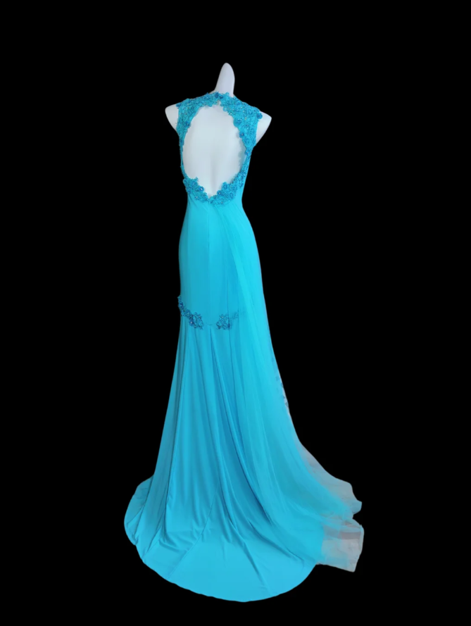 Elegant Blue Chiffon Beaded Appliques Mermaid Party Dress Long Prom Dress SP345