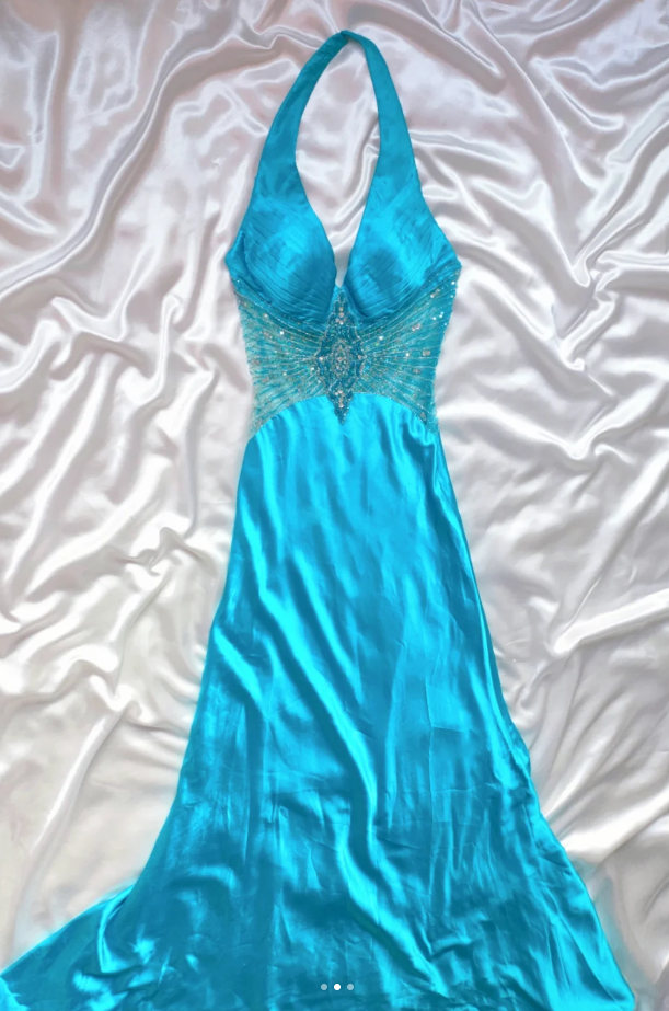 Elegant Halter Blue Satin Sequin Beaded Prom Dress Long Mermaid Party Dress SP413