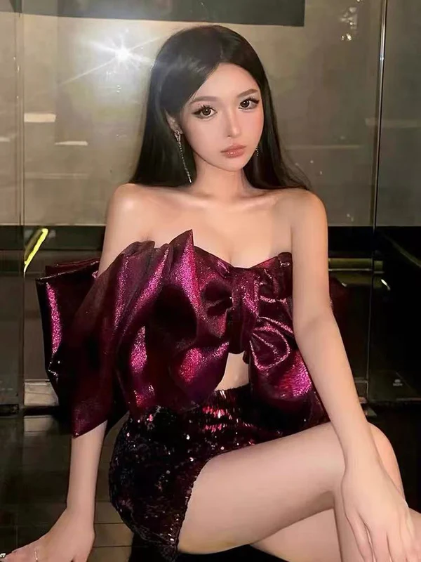 Stylish Strapless Burgundy Bow Satin Sequin Cocktail Dress Short 8th Grade Homecoming Dress Y9820