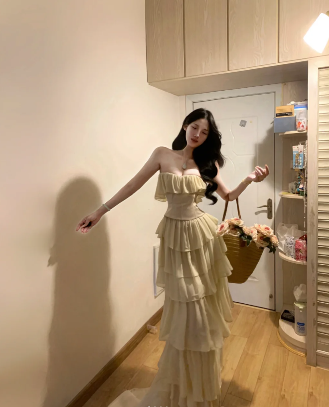 Classy Strapless Apricot Chiffon Layered Long Prom Gown Formal Guest Dress SP286
