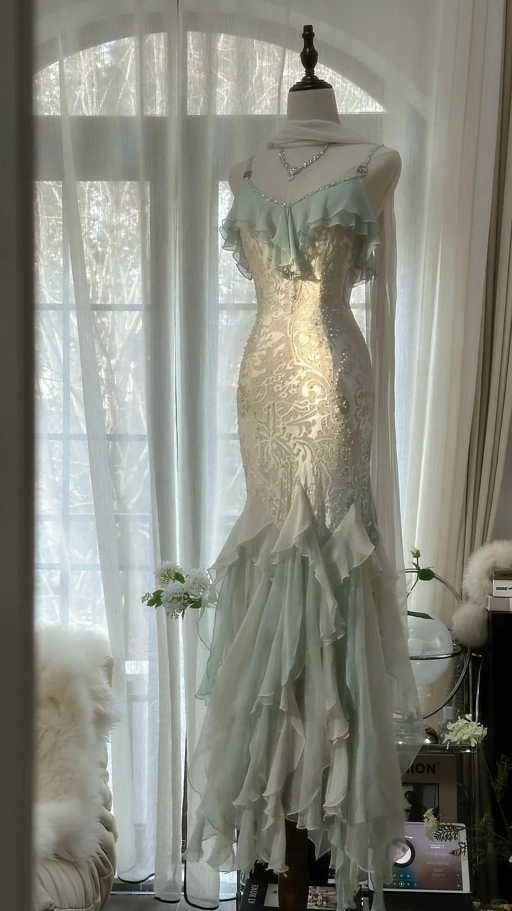 Elegant Green Chiffon Beaded Mermaid Prom Dress Long Party Gowns Y9731