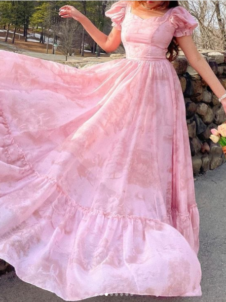 Elegant Pink Chiffon Printed Floral A Line Long Party Gown Prom Dress SP223