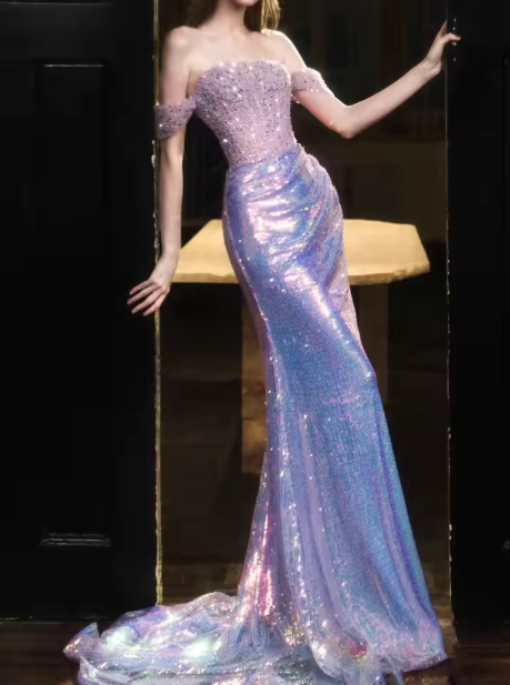 Glitter Off Shoulder Beaded Sequin Mermaid Prom Purple Formal Evening Gown Y8182