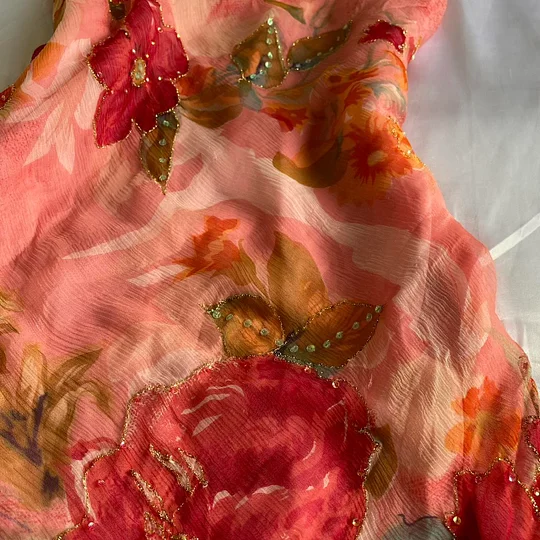 Pretty Spaghetti Straps Chiffon Printed Floral Beaded Long Party Dress Formal Evening Gown Y9740