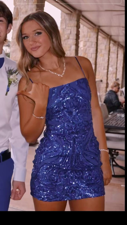Gorgeous Spaghetti Straps Royal Blue Sheath Short Cocktail Dress Homecoming Dress Y9278