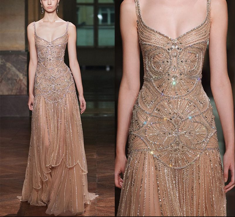 Gorgeous Spaghetti Straps Champagne Tulle Sequin Beaded Mermaid Long Party Dress Formal Prom Dress SP220