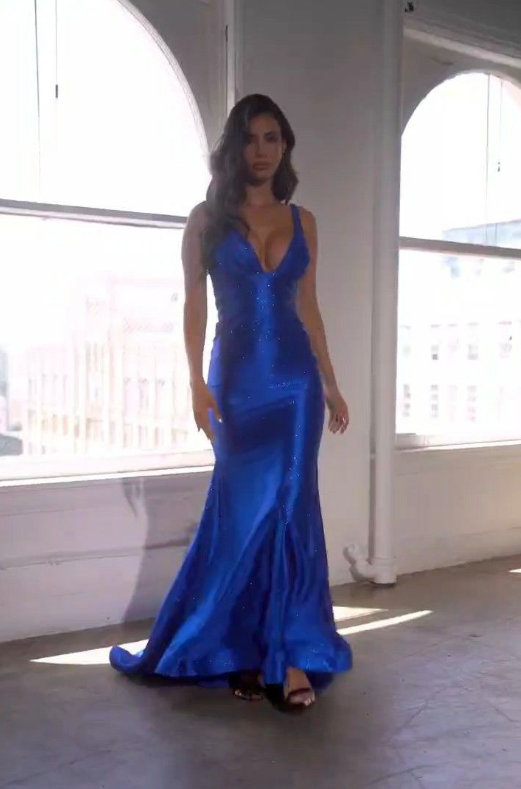 Pretty Royal Blue V Neck Satin Mermaid Long Prom Dress Evening Gown SP720