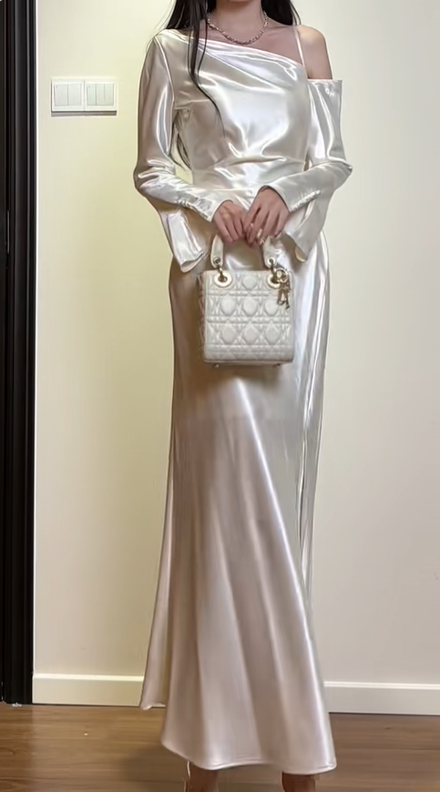 Chic White Off The Shoulder Satin Slit Mermaid Party Dress Long Prom Dresses SP428