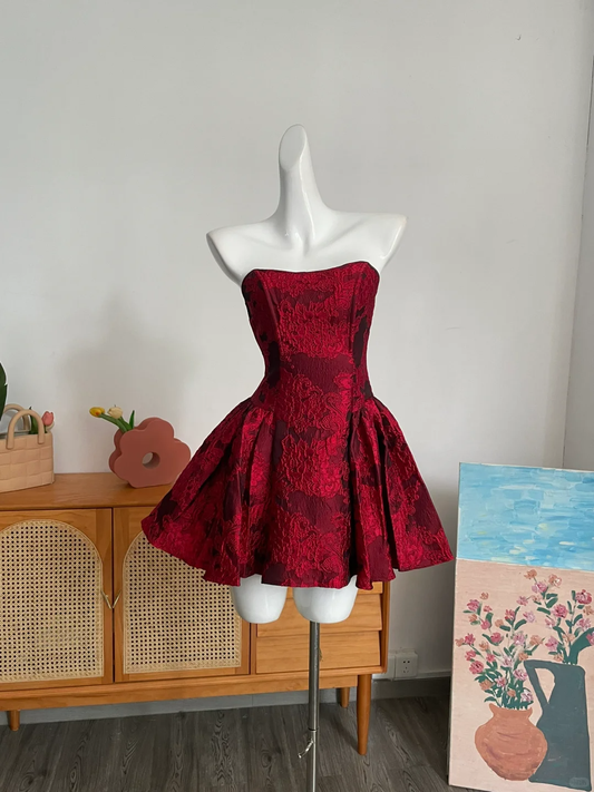 Vintage Burgundy Satin Print Floral A Line Short Cocktail Dress Formal Graduation Homecoming Dress Y9217