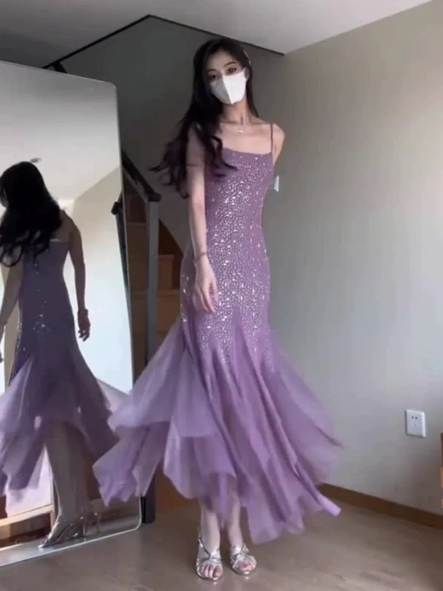 Sexy Mermaid Spaghetti Straps Purple Chiffon Beaded Evening Dress Prom Dress Y7812