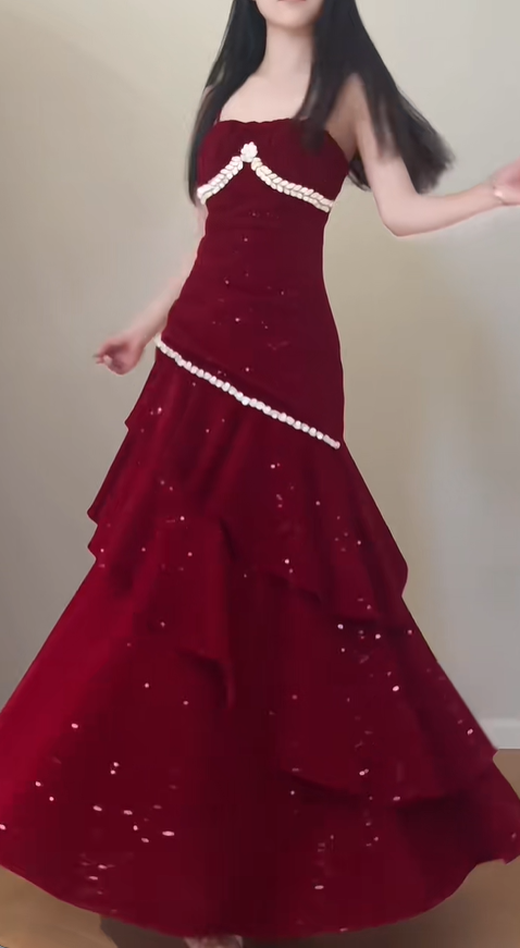 Shiny Spaghetti Straps Red Velvet Sequin Beaded Ruffles Mermaid Party Dress Long Prom Dress SP429