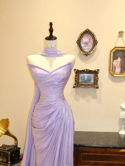 Classy Purple Strapless Satin Pleated Mermaid Long Party Dress Evening Gown With Scarf SP1881