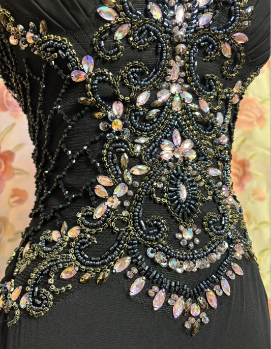 Stylish Black Strapless Beaded Satin Mermaid Slit Evening Dress Long Wedding Guest Dress SP1607