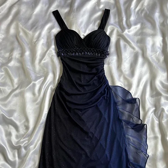 Vintage Ombre Blue Chiffon Beaded Long Prom Gown Evening Dress Y9744