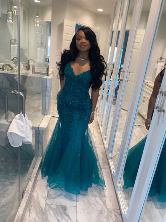 Dark Green Mermaid Tulle Lace Prom Dress Winter Formal Gown Y4169
