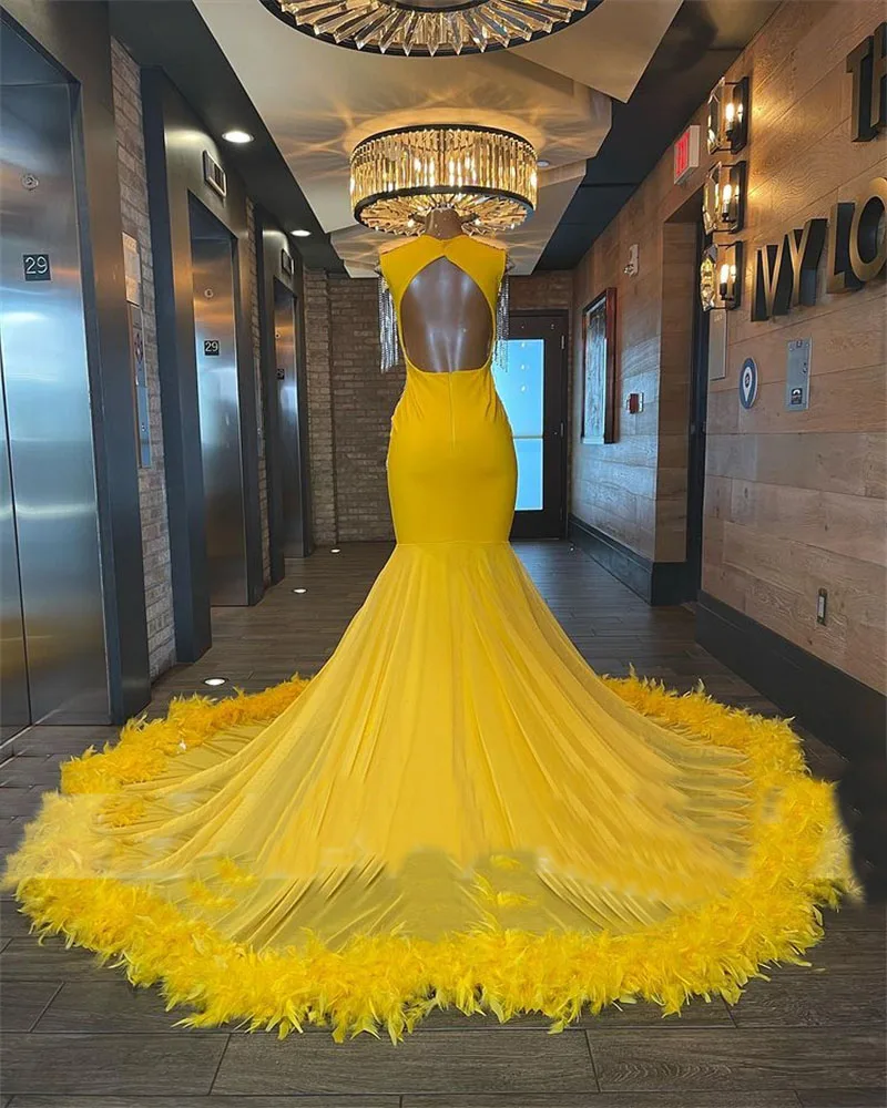 Sexy prom dresses, yellow prom dresses, feather prom dresses, crystal prom dresses, mermaid evening dresses Y546