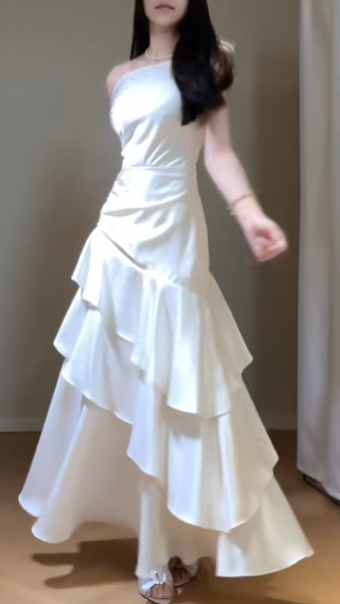 Elegant Off The Shoulder White Satin Ruffles Mermaid Party Dress Long Wedding Guest Dress SP422