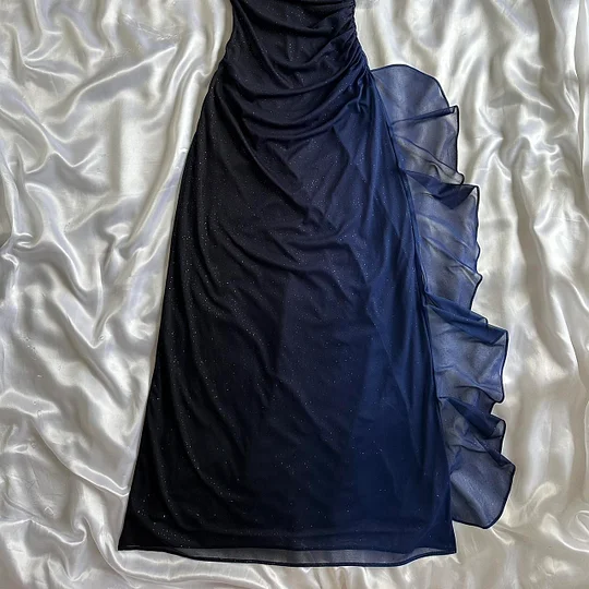 Vintage Ombre Blue Chiffon Beaded Long Prom Gown Evening Dress Y9744