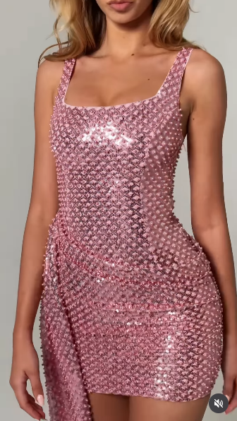 Sparkly Spaghetti Straps Pink Sequin Beaded Sheath Short Homecoming Dress Birthday Outfits SP3086
