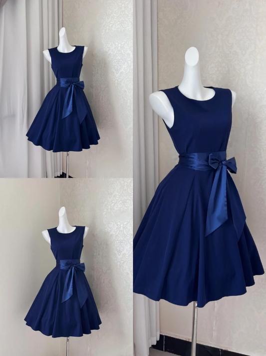 Vintage Sleeveless Blue Satin A Line Short Formal Homecoming Dress Cocktail Dress Y9216
