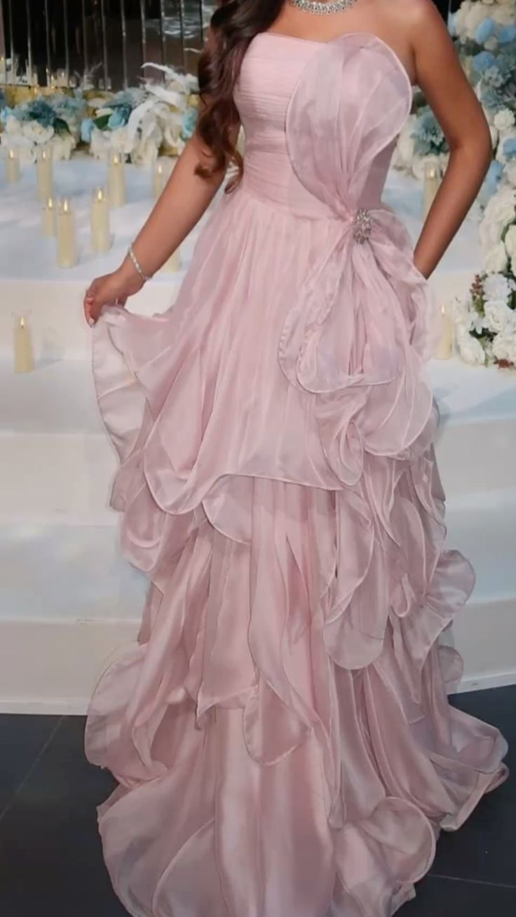 Charming Pink Strapless Ruffle Long Birthday Prom Dress Party Gown SP581