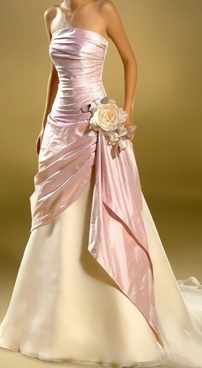 Elegant Strapless Pink Satin Pleated Mermaid Evening Dress Formal Prom Gown With Flowers SP531