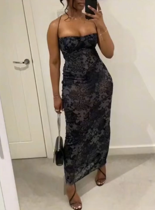 Sexy Spaghetti Straps Black Lace Sheath Long Prom Dress Birthday Party Gown SP580