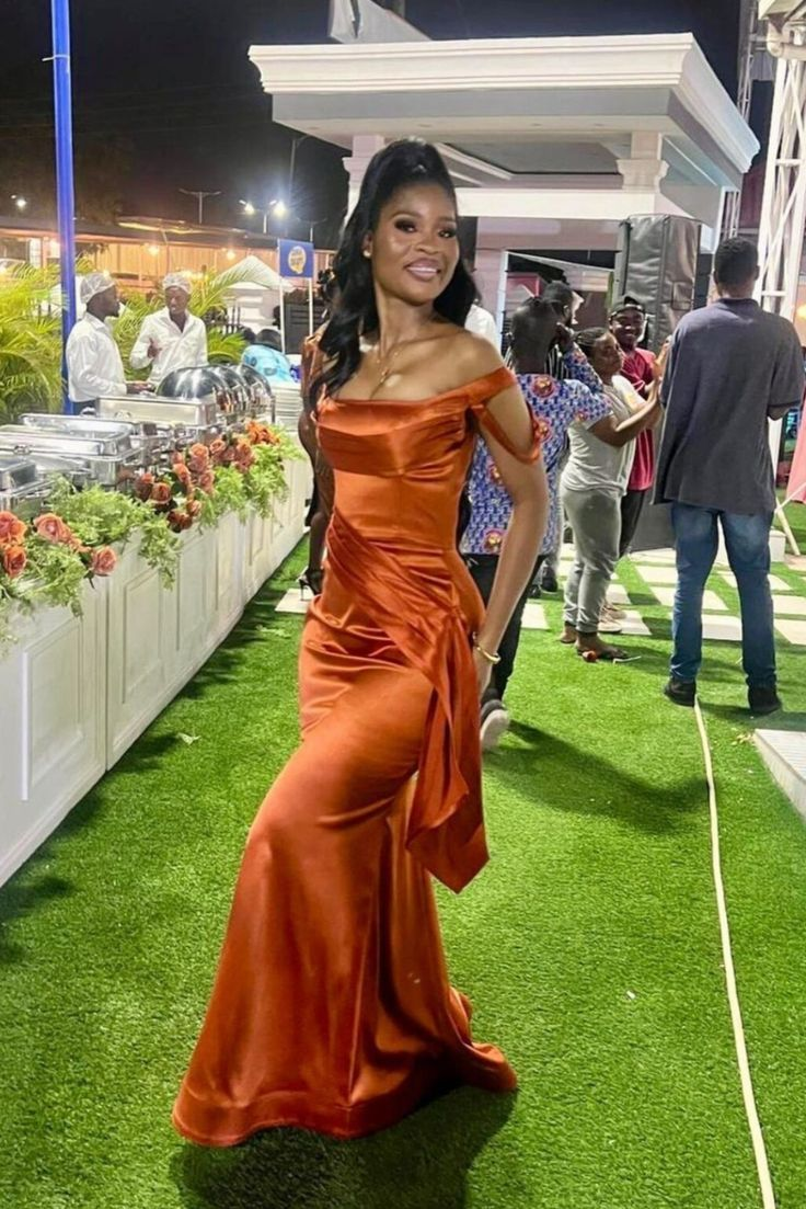 Elegant Off The Shoulder Orange Satin Mermaid Evening Dress Formal Wedding Guest Dress SP716