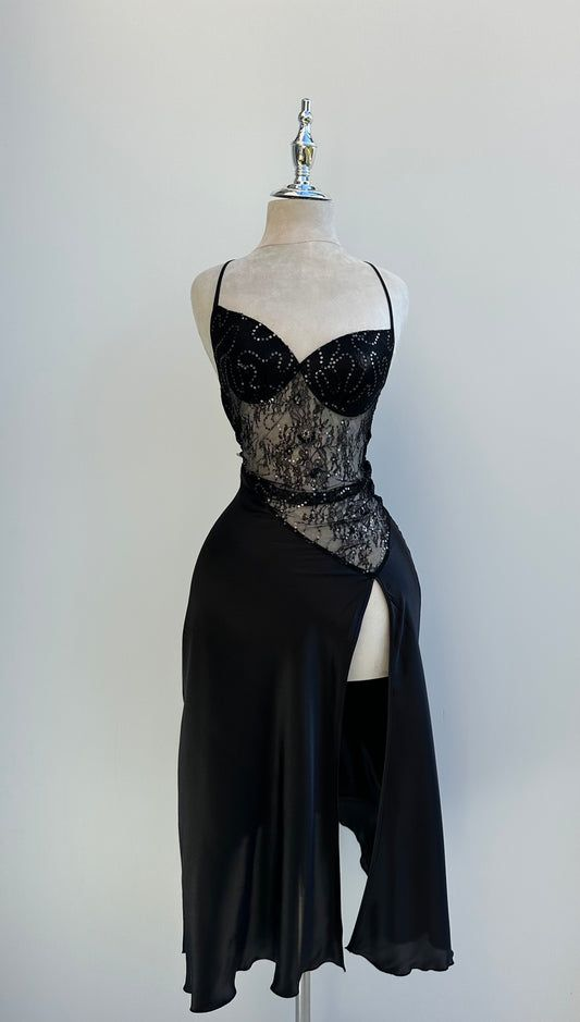 Sexy Black Spaghetti Straps Lace Satin Sheath Slit Homecoming Dress Cocktail Dress Y9267