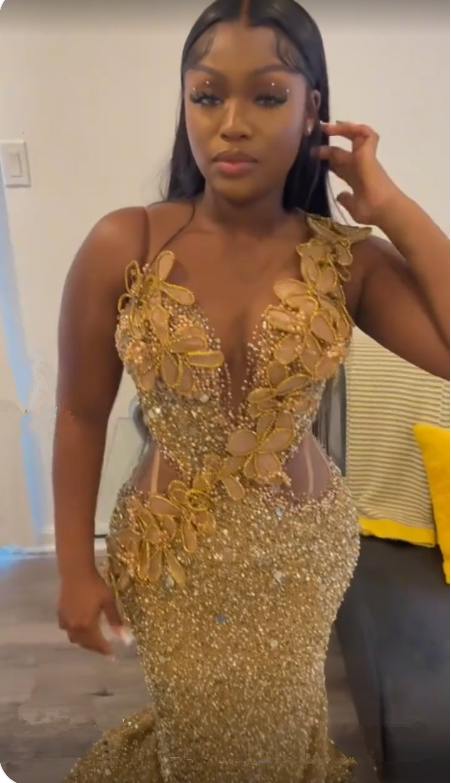 Luxurious Gold Sequins Appliques Evening Dress Mermaid Prom Dress Y7880