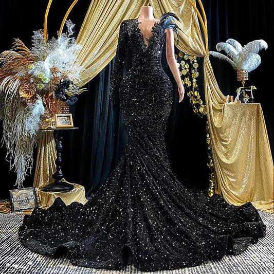 Black Sequins Rhinestone Applique Long Sleeve Mermaid Prom Dress Evening Dress Y8313