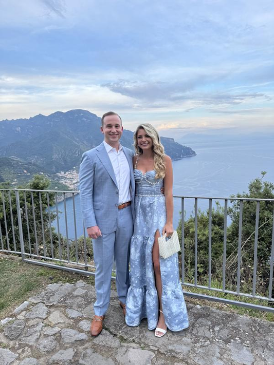 Elegant Blue Satin Print Floral Tiered Pearls Beaded Evening Dress ,A Line Slit Party Prom Dress Y8461