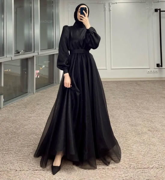 Modest A-line Navy Blue Tulle Long Sleeves Prom Dress,Muslim Dress Y5848