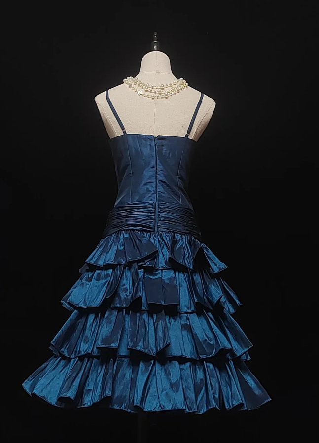 Vintage Spaghetti Straps Blue Satin Pleated Layered A Line Short Homecoming Dress Birthday Outfits SP437