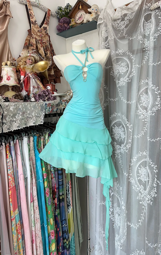 Classy Halter Blue Chiffon Ruffle Layered Cocktail Dress Short Formal Homecoming Dress Y9222