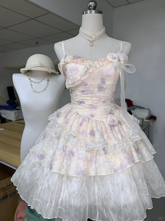 Cute Spaghetti Straps Lilac Print Floral Layered A Line Birthday Outfits Formal Homecoming Dress Y9182