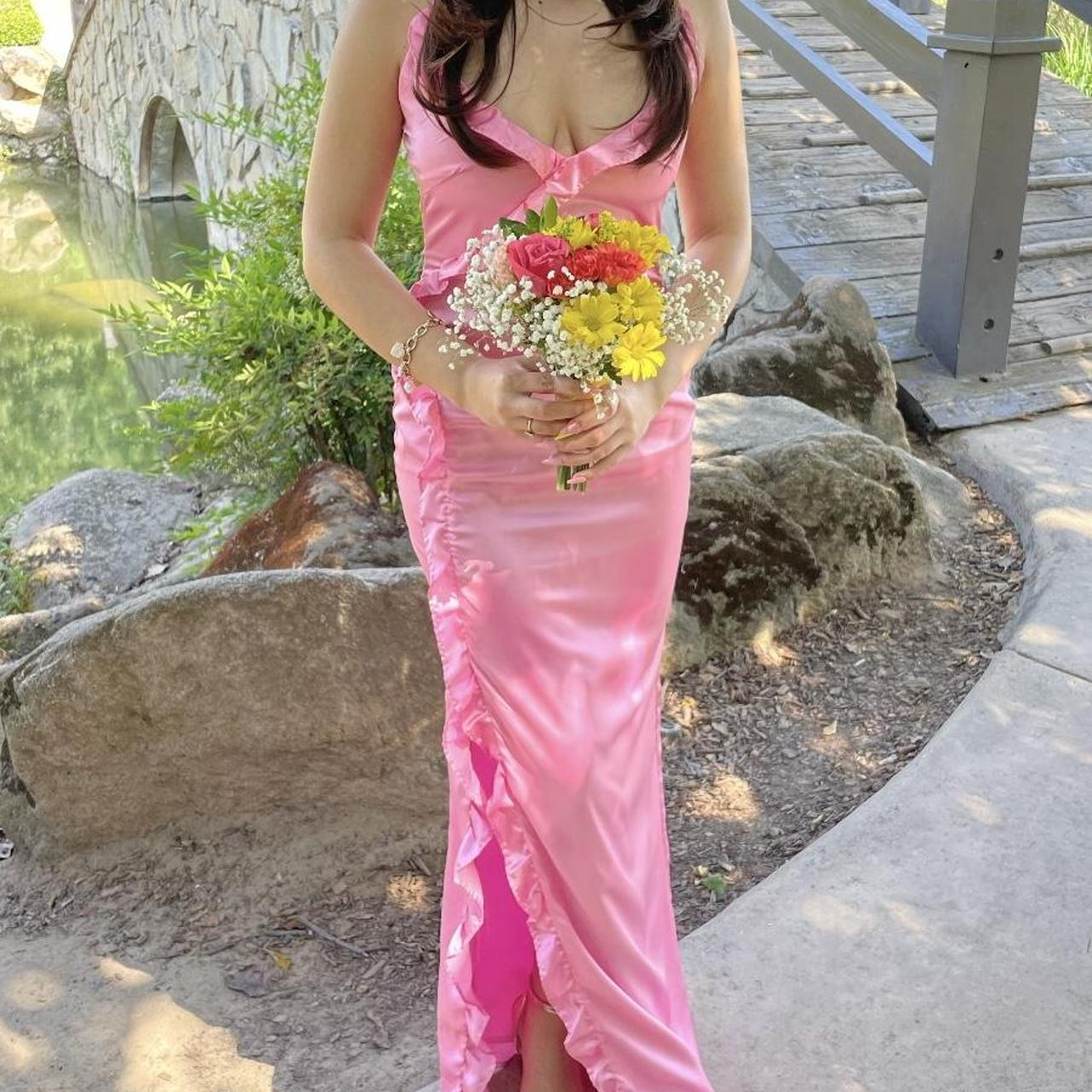 Classy Spaghetti Straps Pink Satin Ruffles Long Guest Dress Slit Formal Party Dress SP301