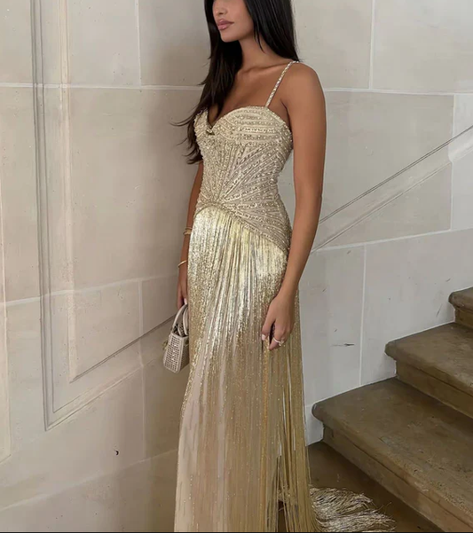 Luxurious Spaghetti Straps Sequin Beaded Gold Long Evening Dress Prom Gown With Tassel SP792