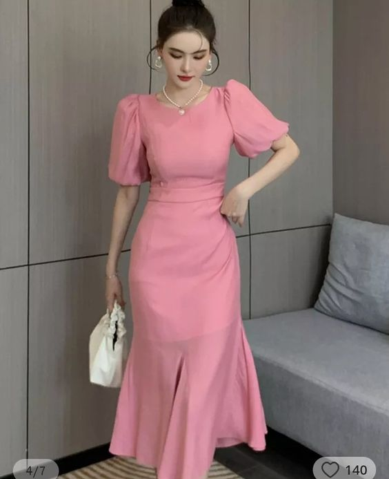 Classy Pink Puff Sleeves Mid-length Prom Dress,Pink Evening Dress Y7113