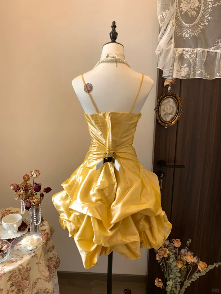 Cute Spaghetti Strap Yellow Satin Pleated Short 7th Grade Homecoming Dress Cocktail Dress Y9725