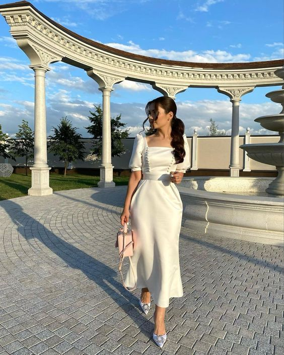 Ivory Tea Length Evening Dresses,Formal Dress with Half Sleeve Y4568