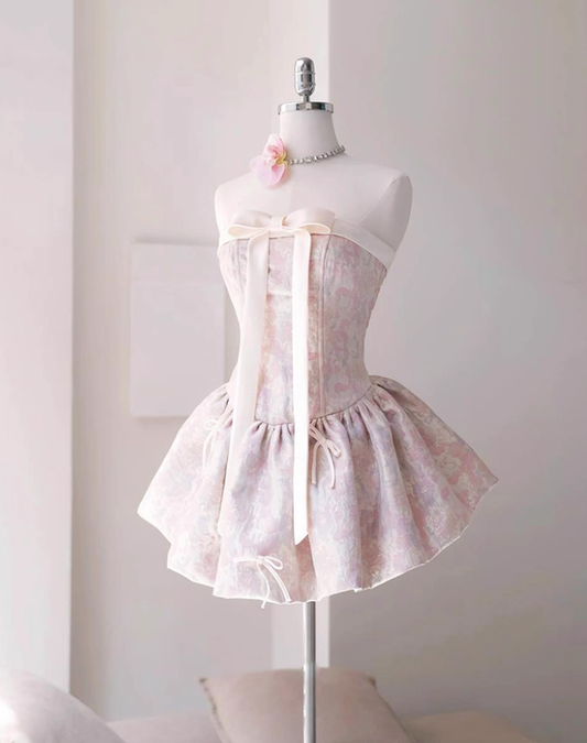 Sweet Pink Strapless Satin Print Floral Short A Line Formal Homecoming Dress Birthday Outfits Y9368