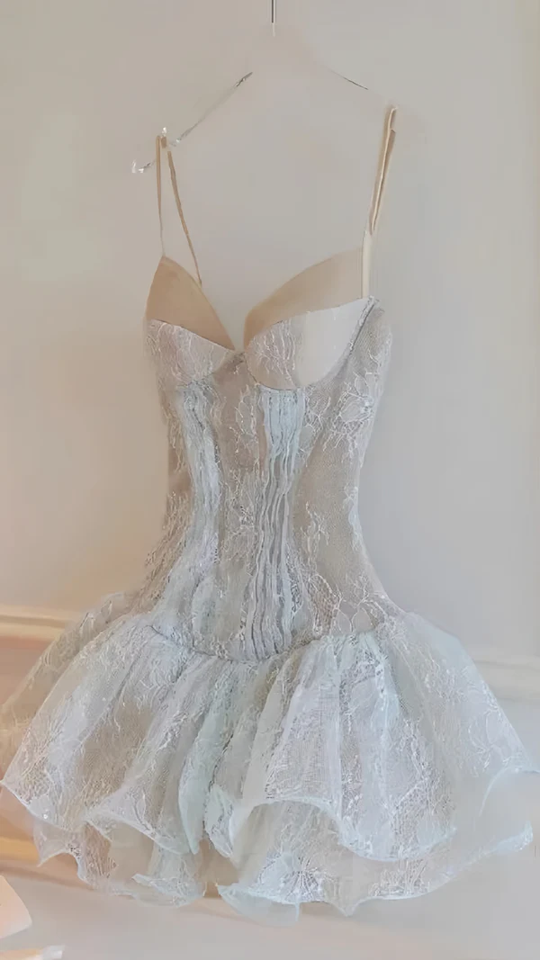 Cute Spaghetti Straps Sky Blue Lace Formal 20th Birthday Dress Homecoming Dress Y9816