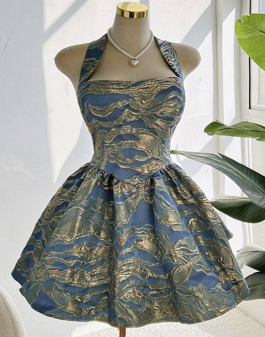 Vintage Blue Halter Satin Print Floral A Line Short Homecoming Dress Cocktail Dress Y9288