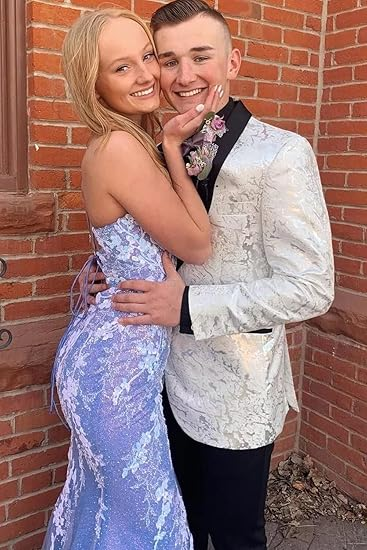 V Neck Mermaid Open Back Purple Lace Long Prom Dresses with High Slit, Mermaid Purple Formal Graduation Evening Dresses Y344