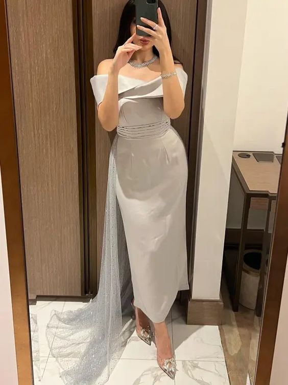 Elegant Grey Off The Shoulder Prom Dress,Party Gown Y5826